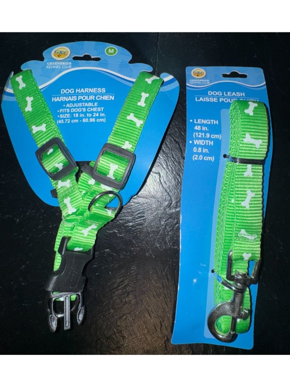 Greenbrier Kennel Club Dog Harness & Leash Set Adjustable Green With Bone Patter